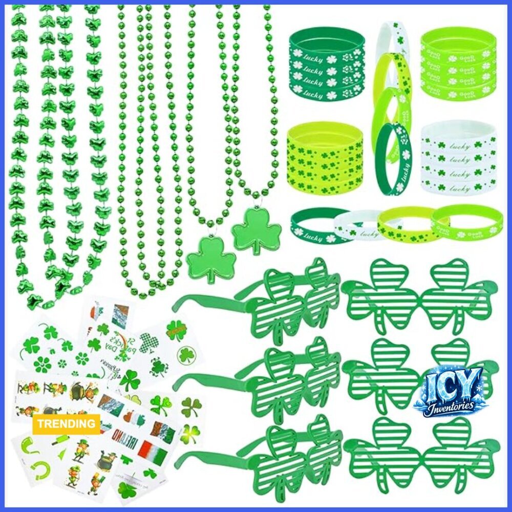 St. Patrick's Day Party Favors Set Shamrock Glasses Necklaces Bracelets Tattoos